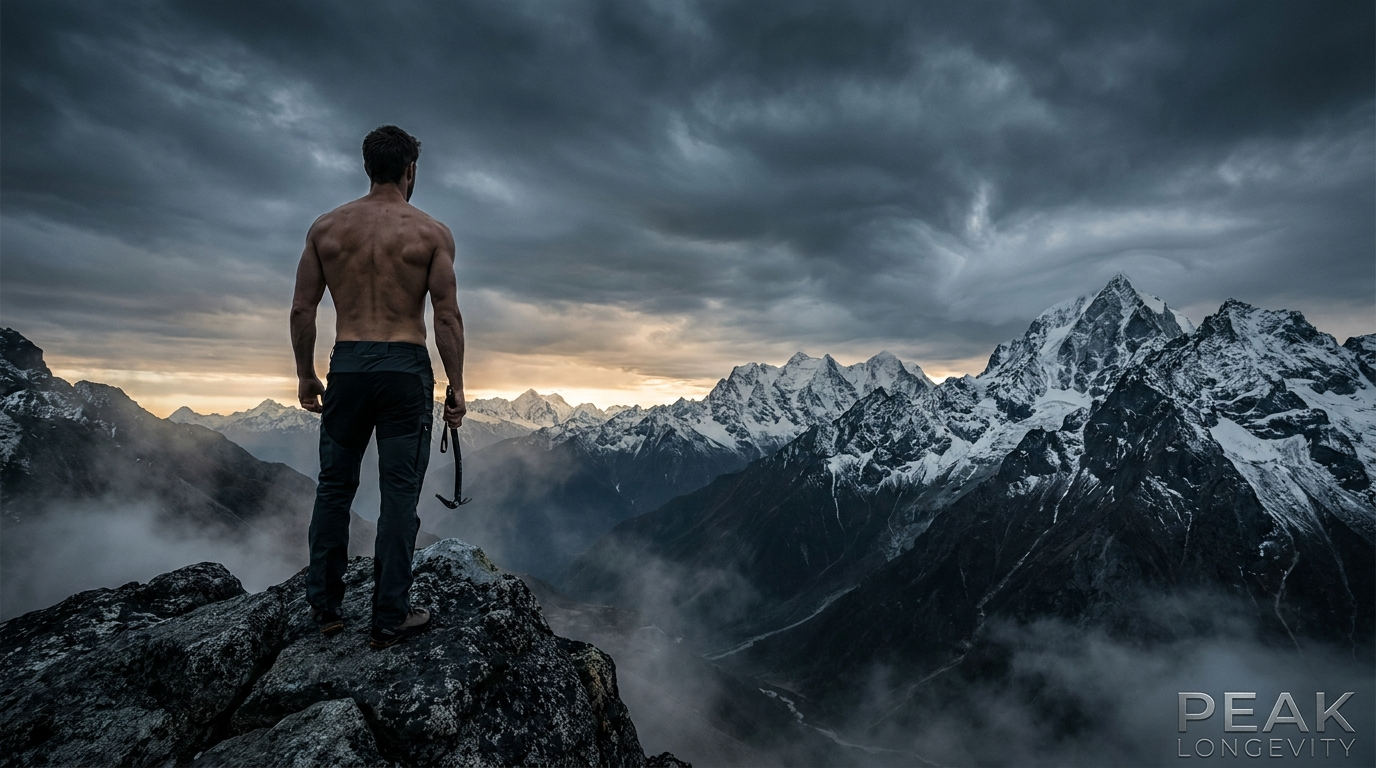 A lone figure on a dark mountain peak at dawn